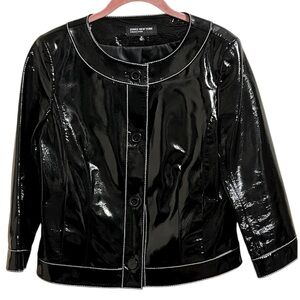 Jones New York Black Collarless Rounded Scoop Cropped Moto Patent Leather Jacket